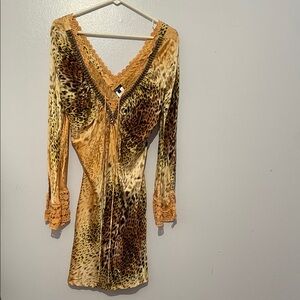 NWT ZINAS animal print silk and lace dress with bronze beading